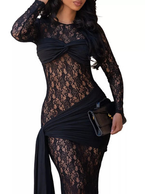 Black with Lace Long Sleeve Maxi Dress