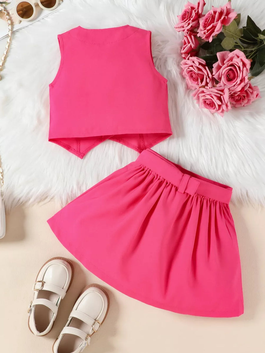 Pink baby girl vest and pleated skirt set with bowknot detail
