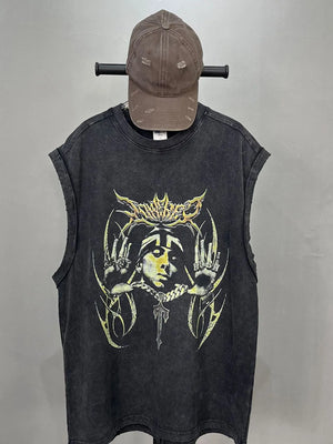 Black vintage wash graphic tank top with distressed details and a bold graphic print.