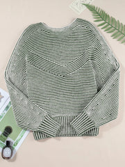 Relaxed ribbed knit boat neck sweater in stripe with a V-shaped yoke detail.