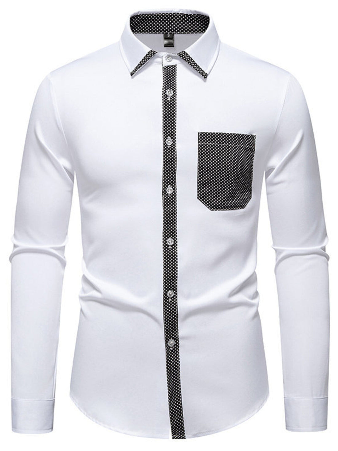 White cotton button-up shirt with black polka-dot trim on collar, placket, and pocket.