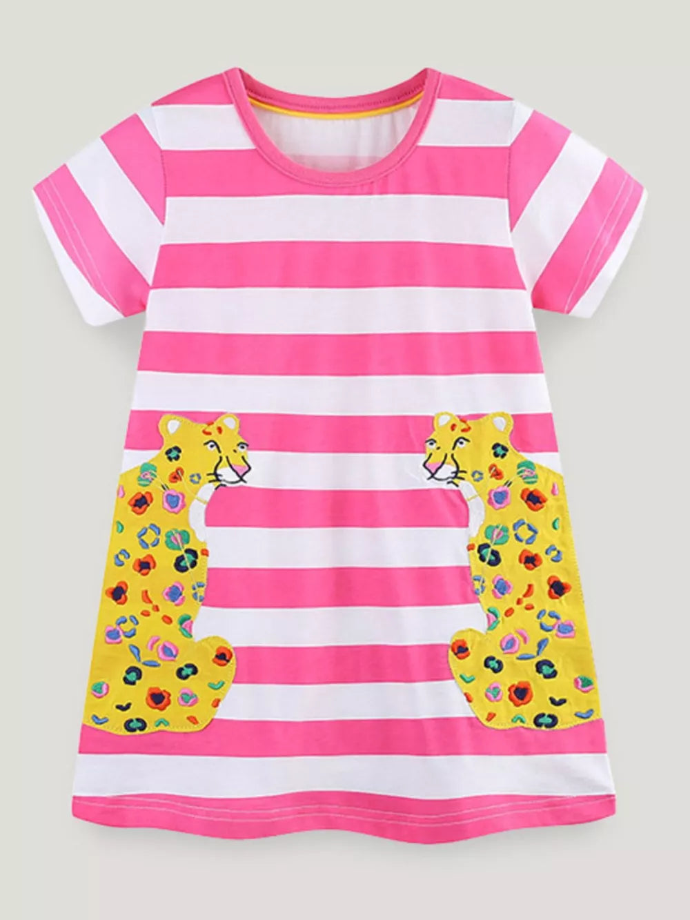 Toddler girls pink and white striped cotton dress with playful leopard print pockets.
