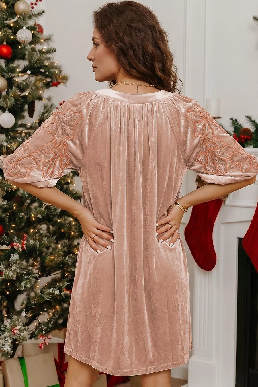 Embroidered-sleeve Velvet Mini Shift Dress option 5