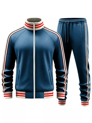 French blue tracksuit with white, red, and black stripe accents on collar, sleeves, and pant legs.