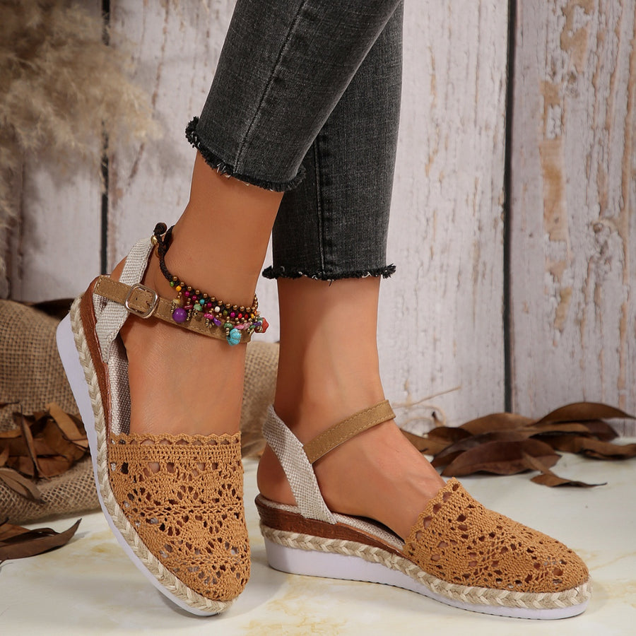 Brown crochet espadrille sandals with ankle strap and beaded detail.