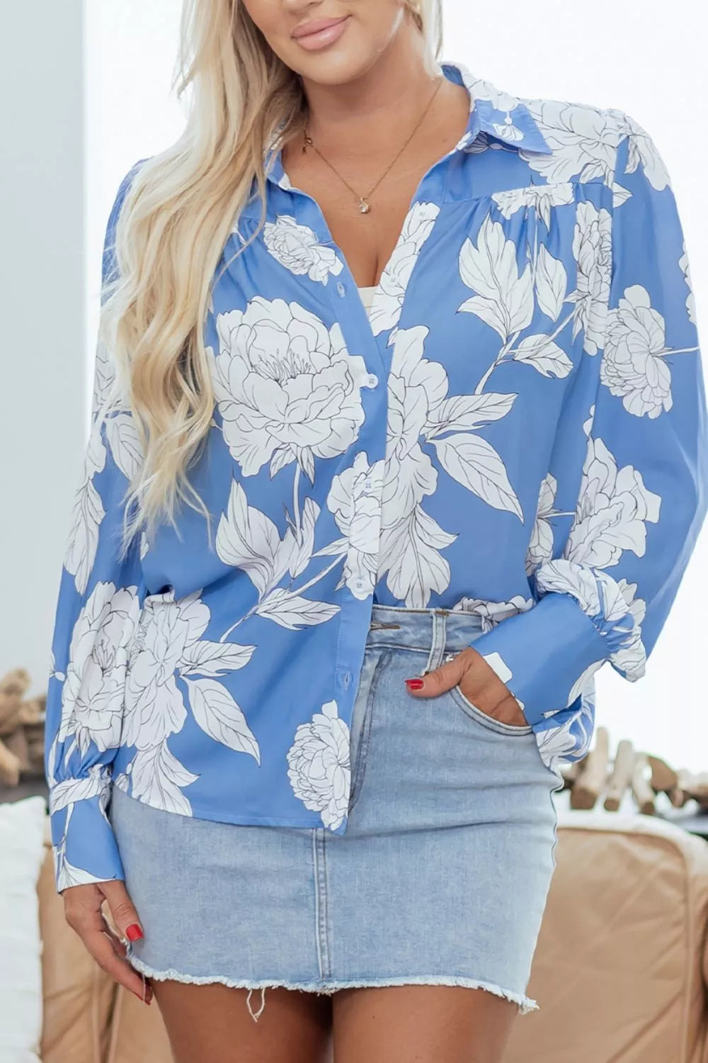 Blue Floral Print Button-up Shirt