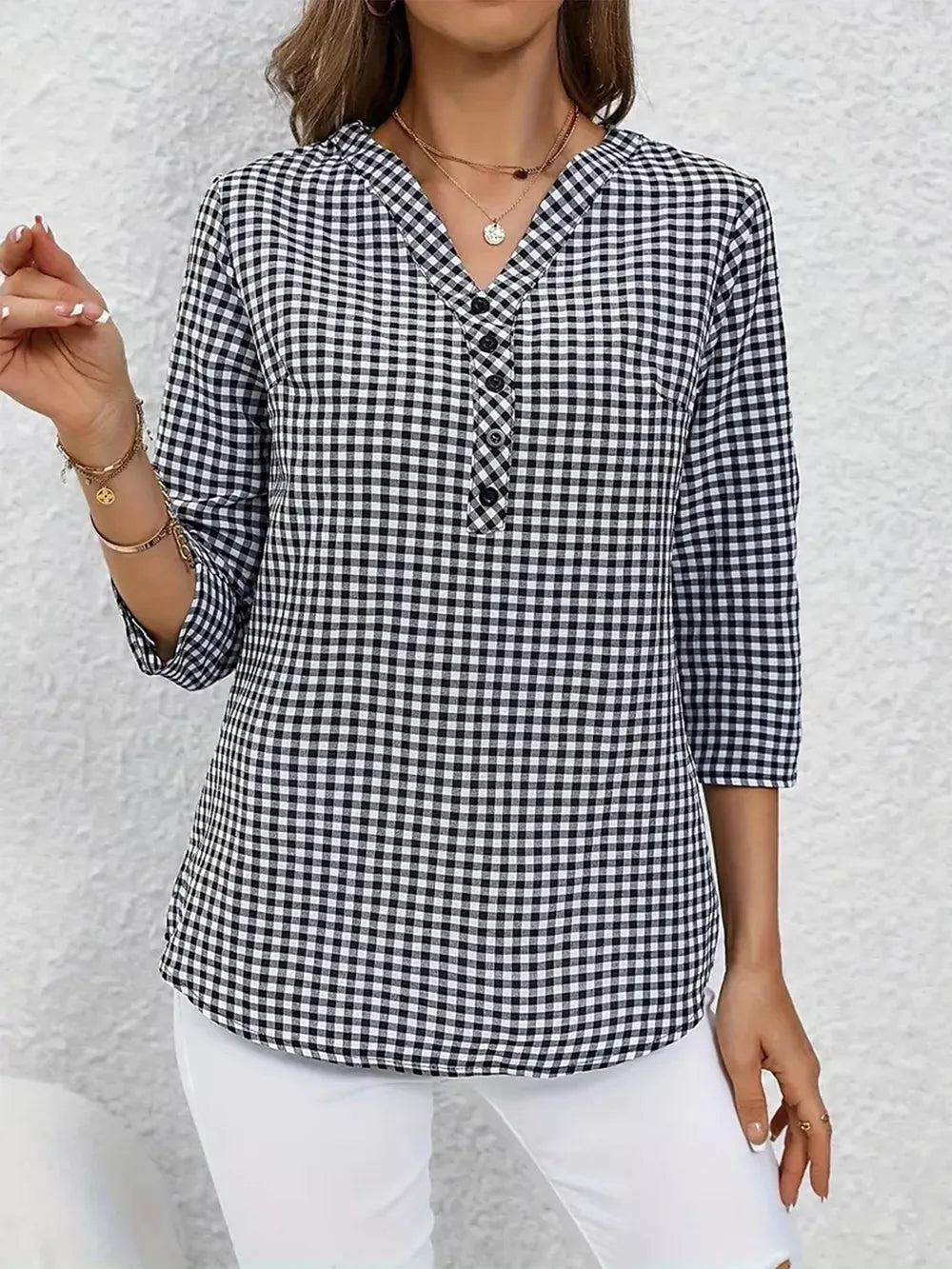 Gingham Button Detail Blouse in Black