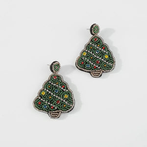 Festive tree dangle earrings in dark green with colorful beaded ornaments and crystal accents.