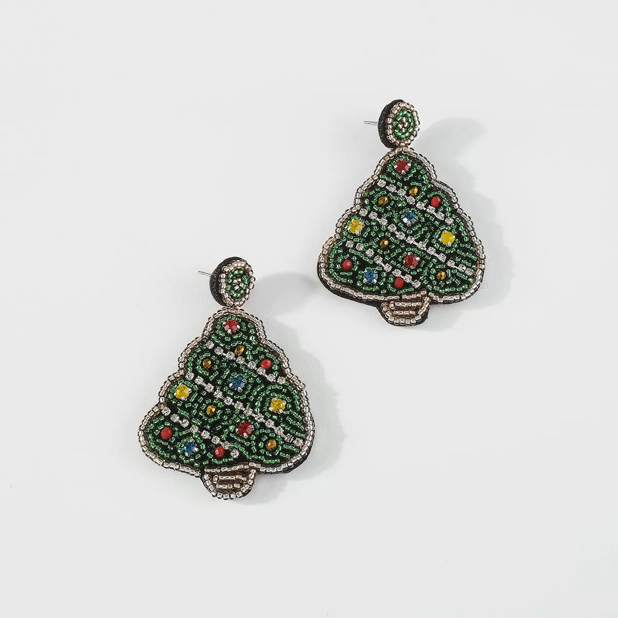 Festive tree dangle earrings in dark green with colorful beaded ornaments and crystal accents.
