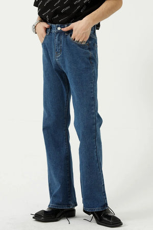 Relaxed flare denim trousers in light blue with a casual, breathable fit.
