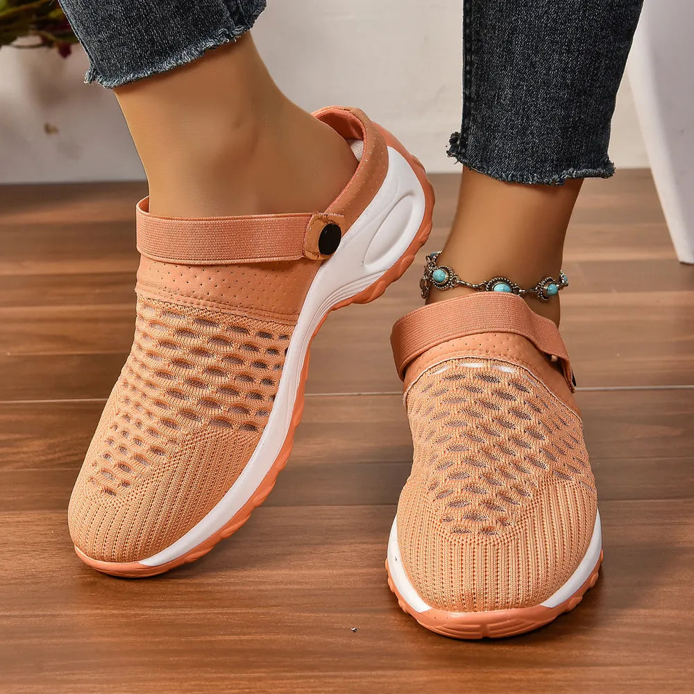 Breathable knit sport clogs in sherbet with heel strap and white sole