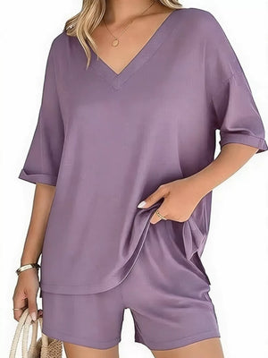 Solid Color V-neck And Shorts Set in Army Green, view 16