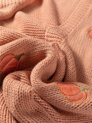 Embroidered pumpkin midi cardigan in sherbet knit with detailed pumpkin embroidery.