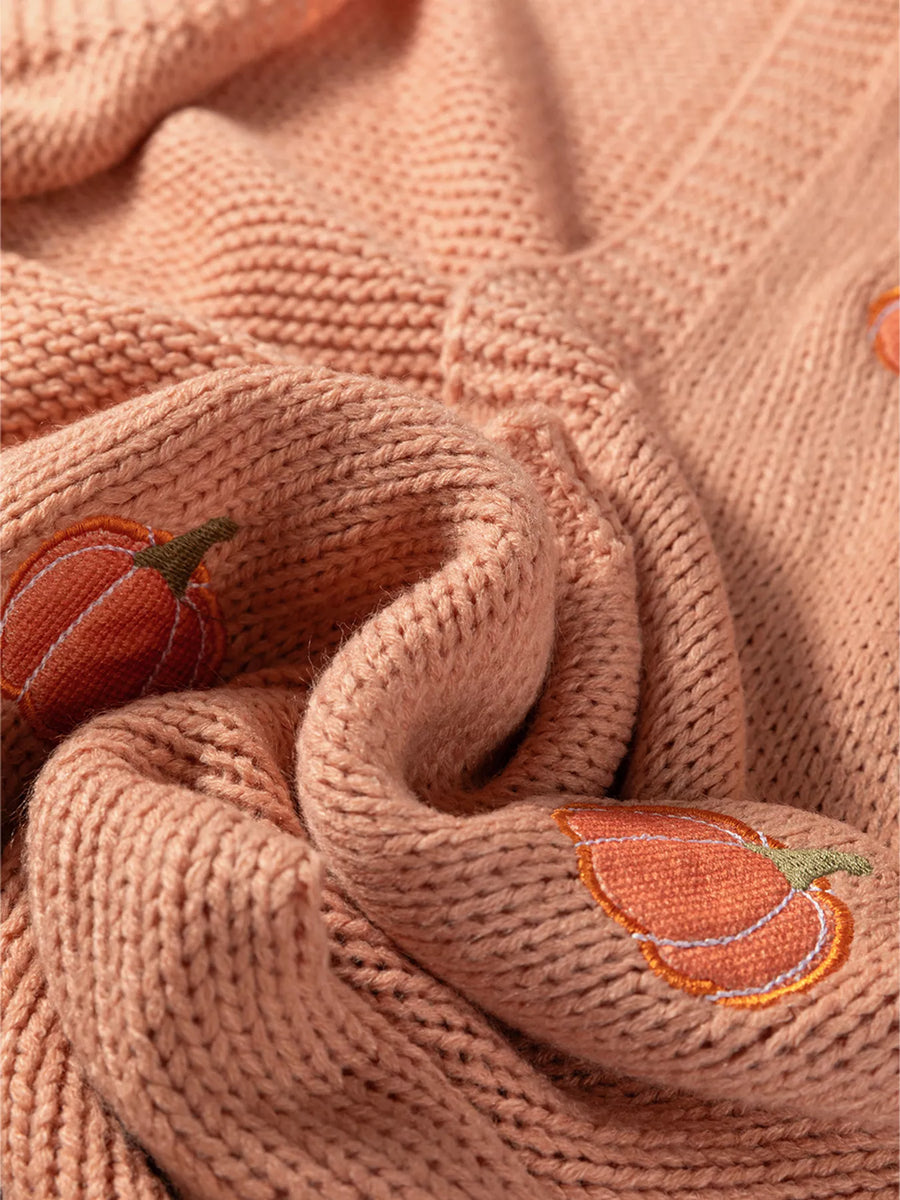 Embroidered pumpkin midi cardigan in sherbet knit with detailed pumpkin embroidery.