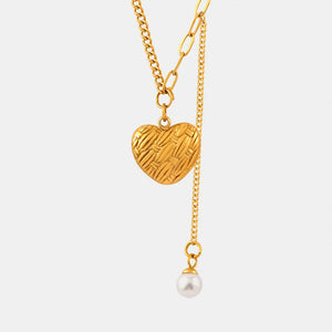 Gold textured heart and pearl drop necklace with chain detail