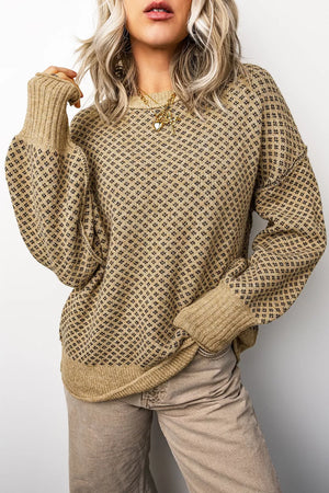camel pullover sweater with geometric and round neck