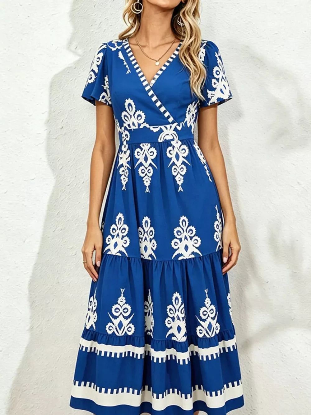 Blue with Printed Surplice Short Sleeve Dress in Blue