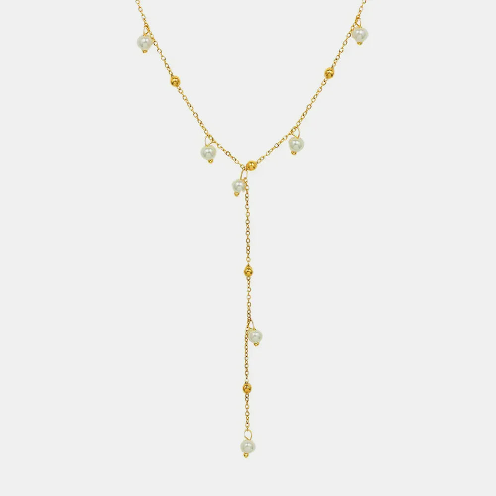 Gold lariat necklace with pearls and gold beads, 18K gold-plated.