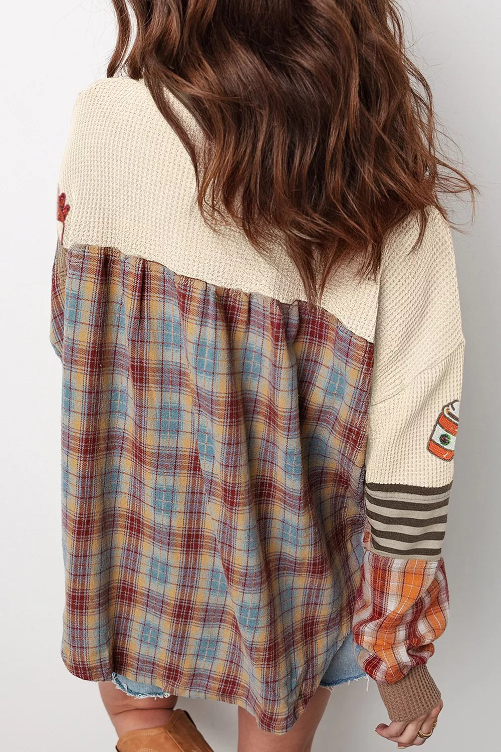 Sequin Autumn Leaf Coffee Cup Waffle Knit Top in Beige