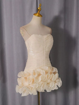 Apricot with Strapless Ruffle Ruched Mini Dress in Apricot
