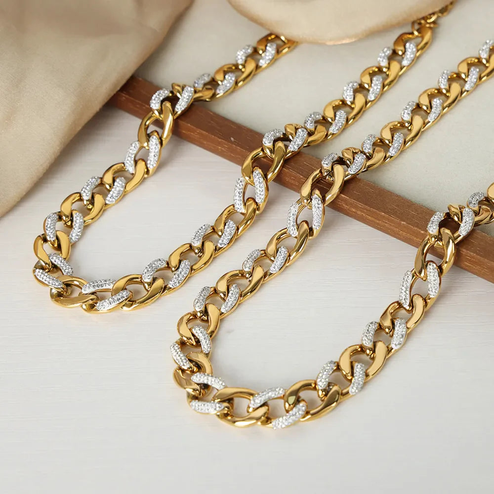 Gold curb chain necklace with zircon insets, 18K gold-plated, adjustable