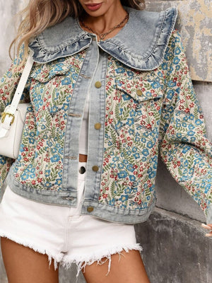 ivory denim jacket featuring buttoned and floral