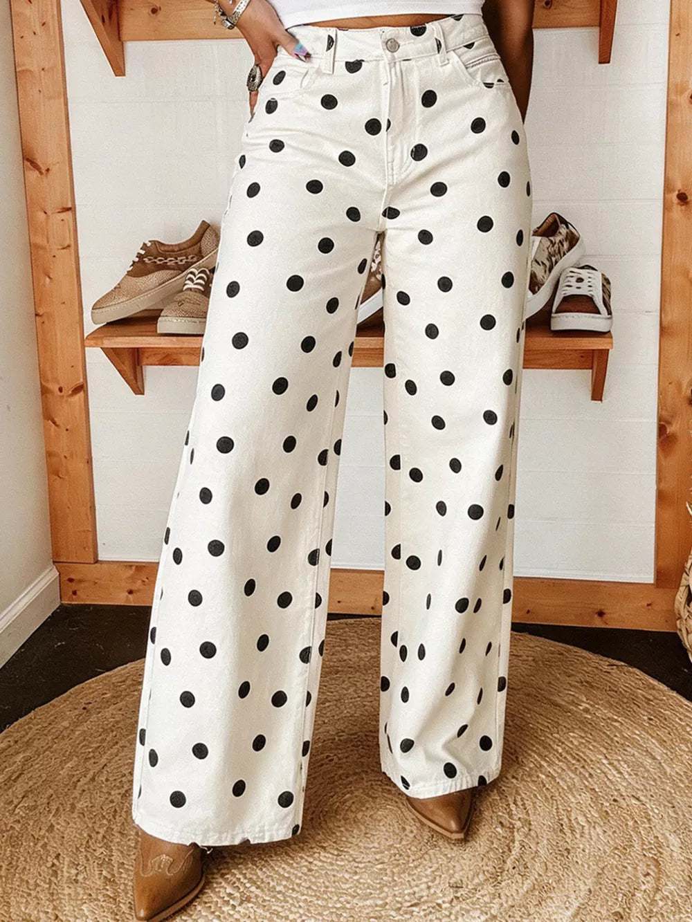 wide-leg jeans featuring polka dot in white with 95%cotton, 5%spandex Care instructions: Machine wash cold texture