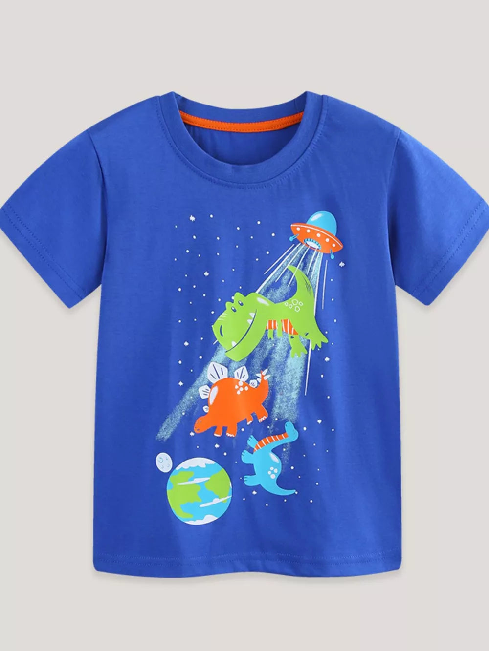 Blue cotton crew neck t-shirt with playful dinosaur and UFO graphic print.