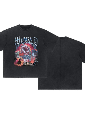 Black oversized graphic tee with distressed details and bold "WORLD" text print.