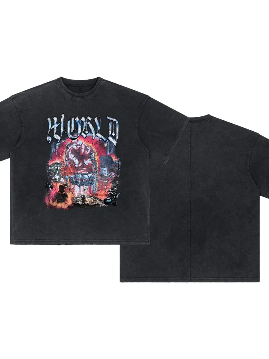 Black oversized graphic tee with distressed details and bold "WORLD" text print.