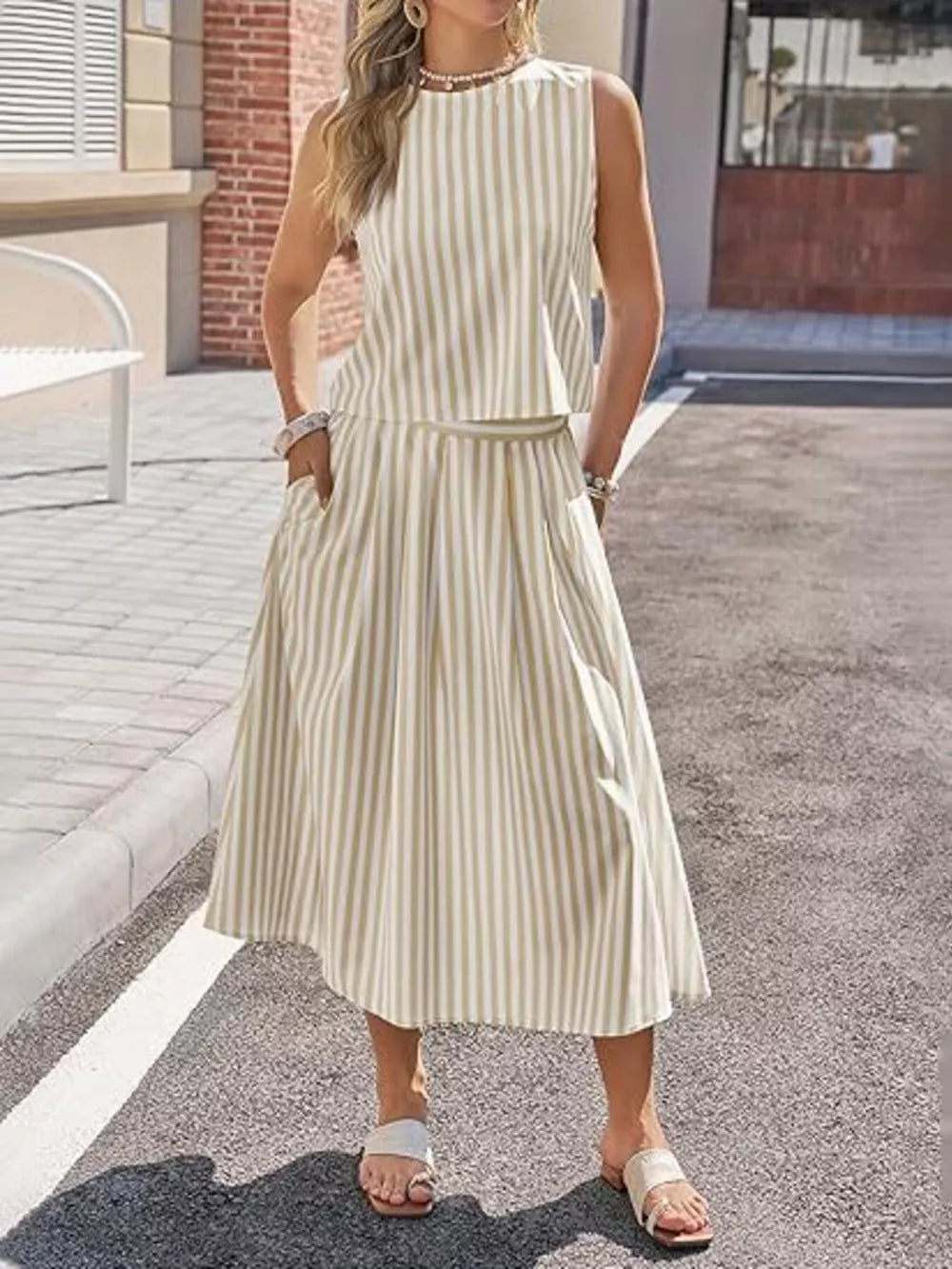light pink two-piece set with cropped top and sleeveless