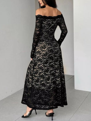 Black off-shoulder lace dress with long sleeves and a flowing skirt.