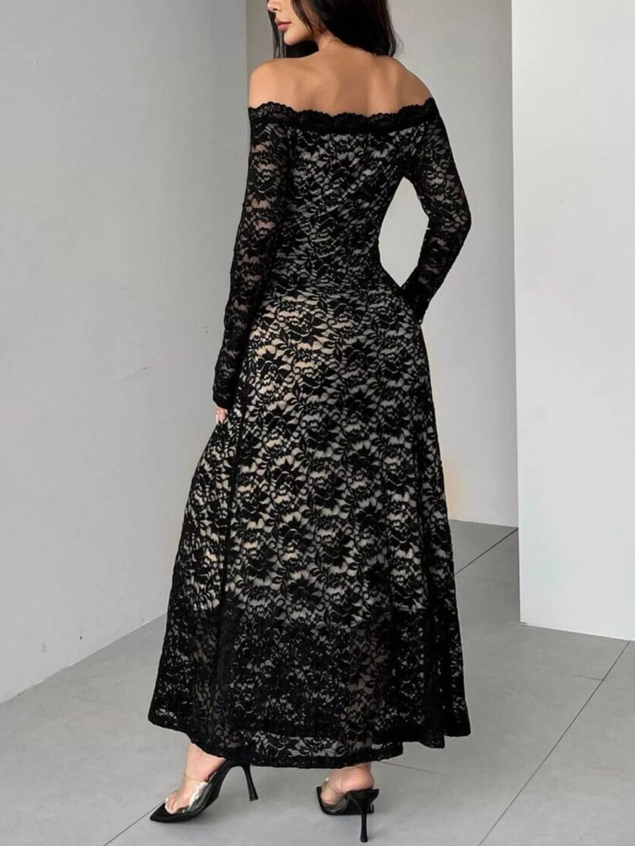 Black off-shoulder lace dress with long sleeves and a flowing skirt.