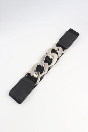 Chunky chain elastic belt with black faux leather ends and silver chain detail
