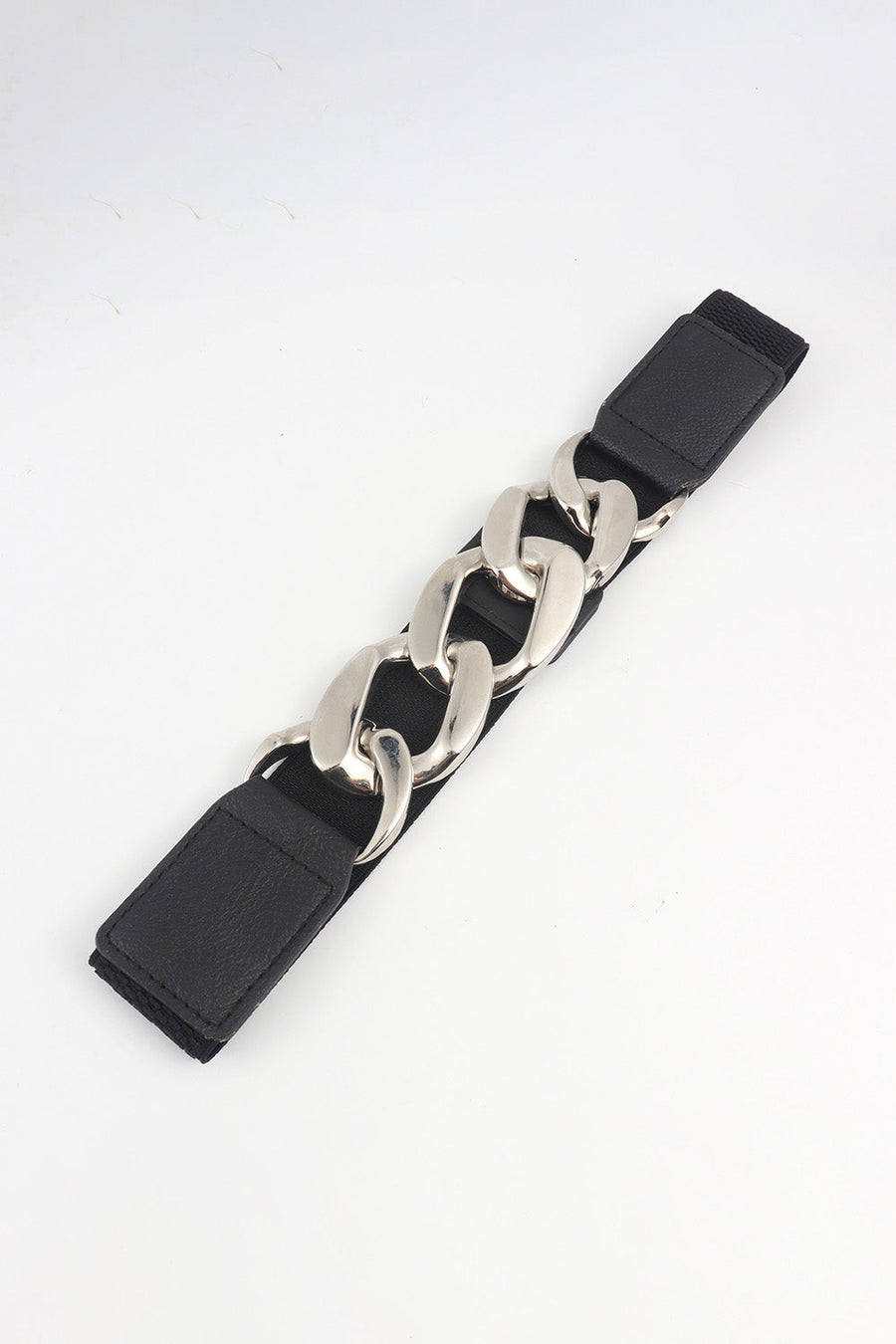 Chunky chain elastic belt with black faux leather ends and silver chain detail