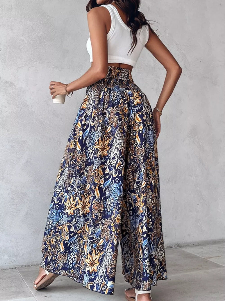 Bohemian print wide-leg pants in dark navy with smocked waist detail