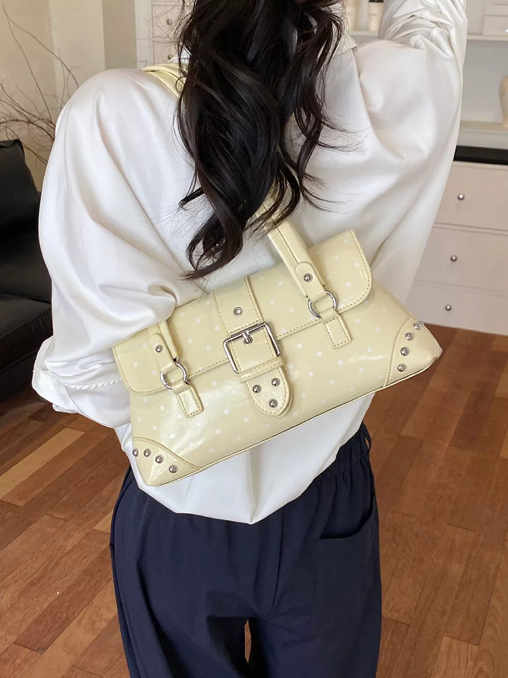 Polka Dot Studded Shoulder Bag in white with studded