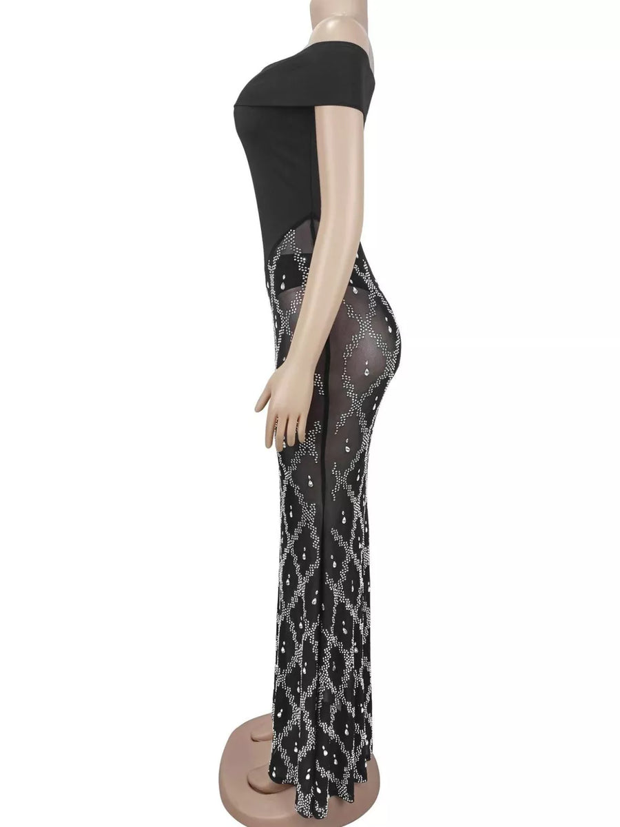 maxi dress in black with rhinestone and maxi