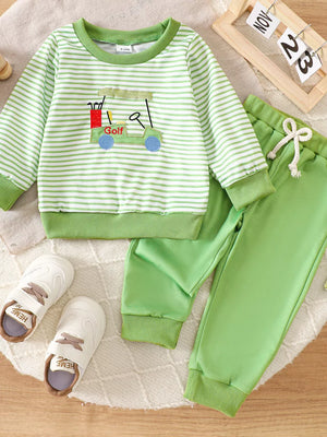 Children's Golf Cart Striped Top And Pants Set in Light Green