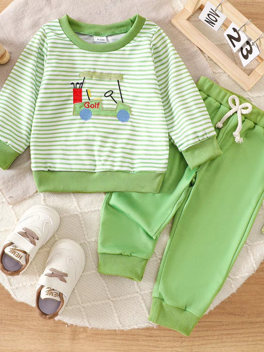Children's Golf Cart Striped Top And Pants Set in Light Green