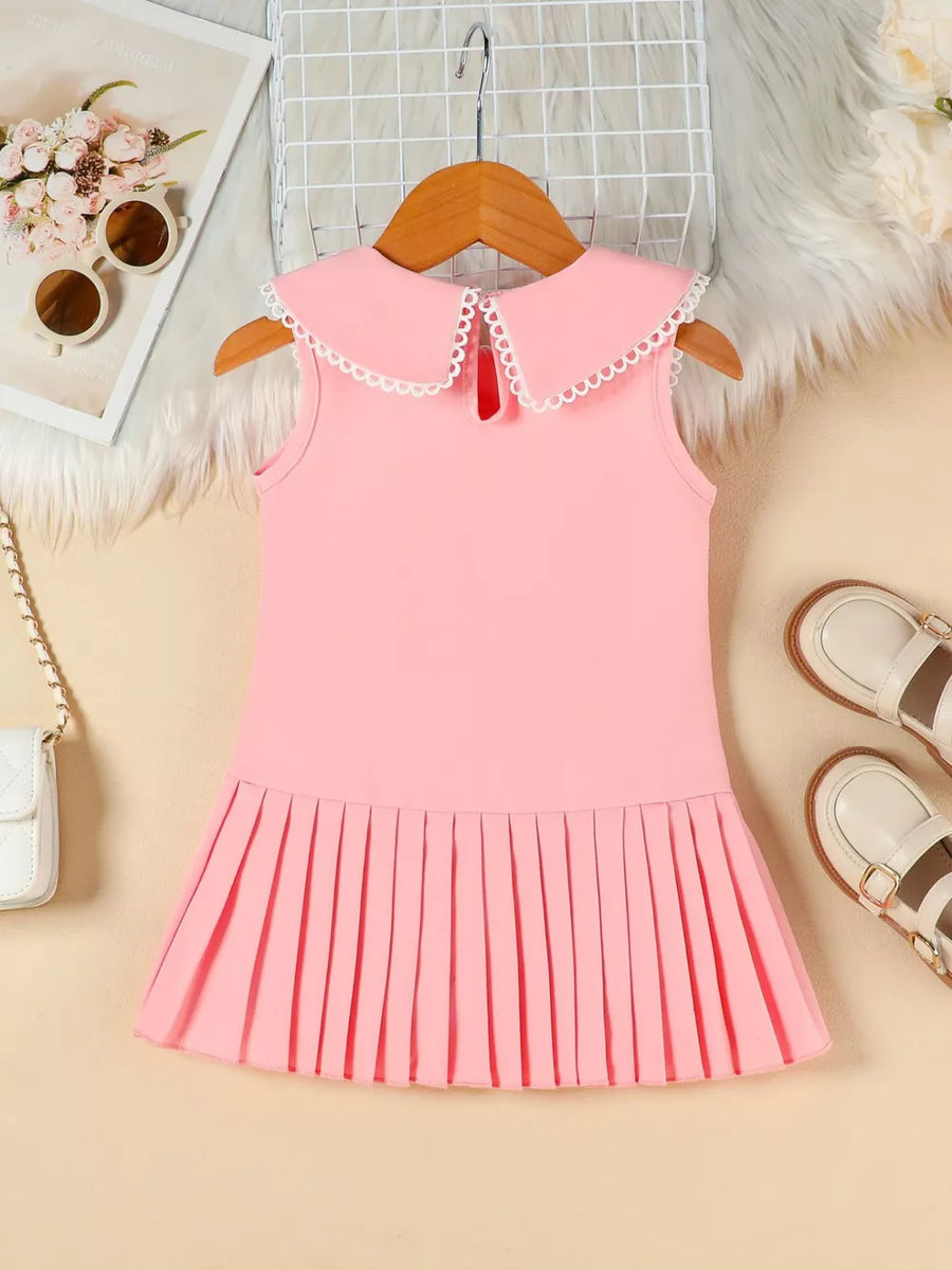 Pink toddler dress with lace collar and pleated skirt