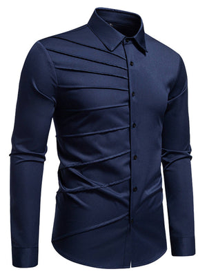 Navy blue cotton long sleeve buttoned shirt with asymmetrical ruched detail.