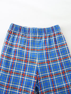 Toddler boys' blue plaid shorts with elastic waistband