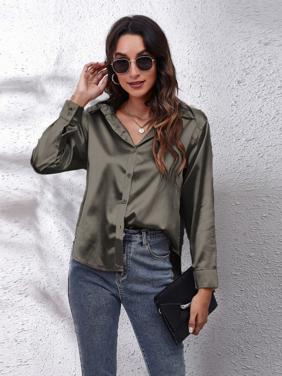 Satin finish button-up shirt in taupe with a relaxed fit and collared neckline.