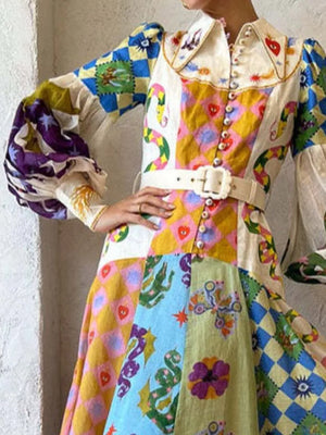 royal blue maxi dress featuring smocked and patchwork