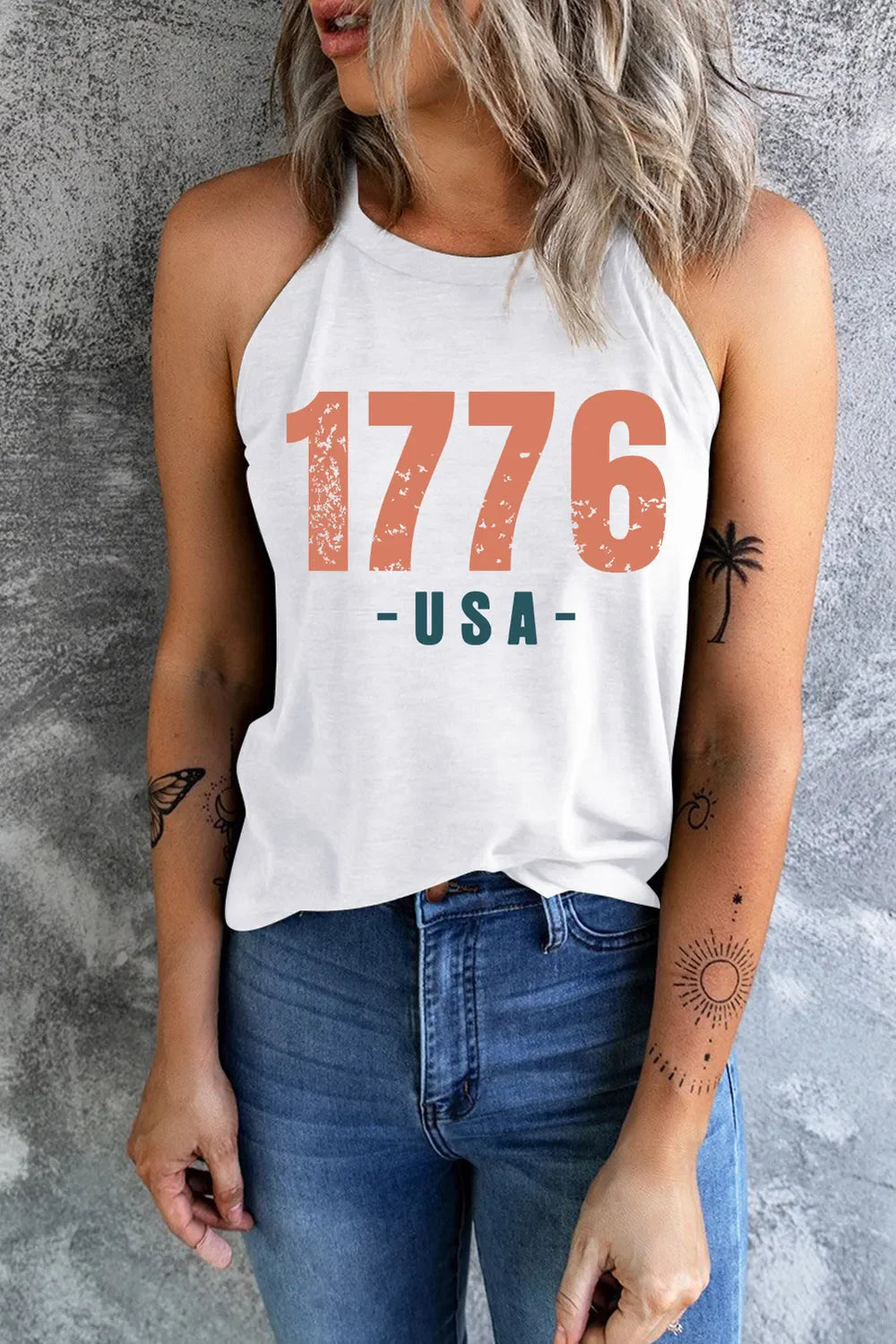 White halter tank top with distressed 1776 USA graphic print