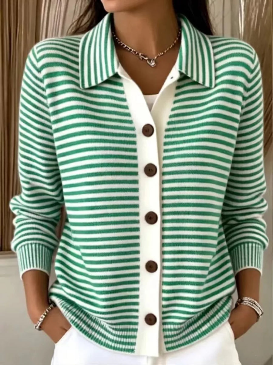 kelly green cardigan with striped and collared