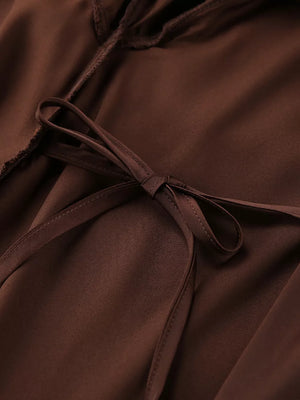 Satin Ruffle-trim Lounge Nightgown Robe in chocolate brown with belted