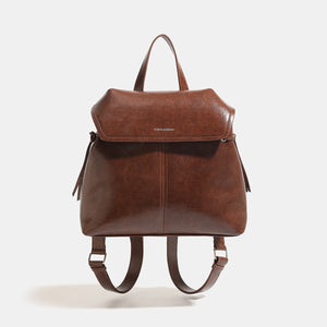 Vintage PU Leather Flap-Over Backpack in cognac brown with top handle