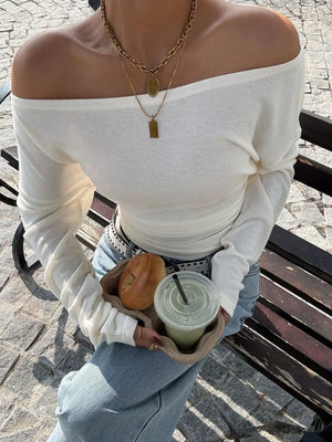 Apricot off-shoulder top with waist-length and pullover